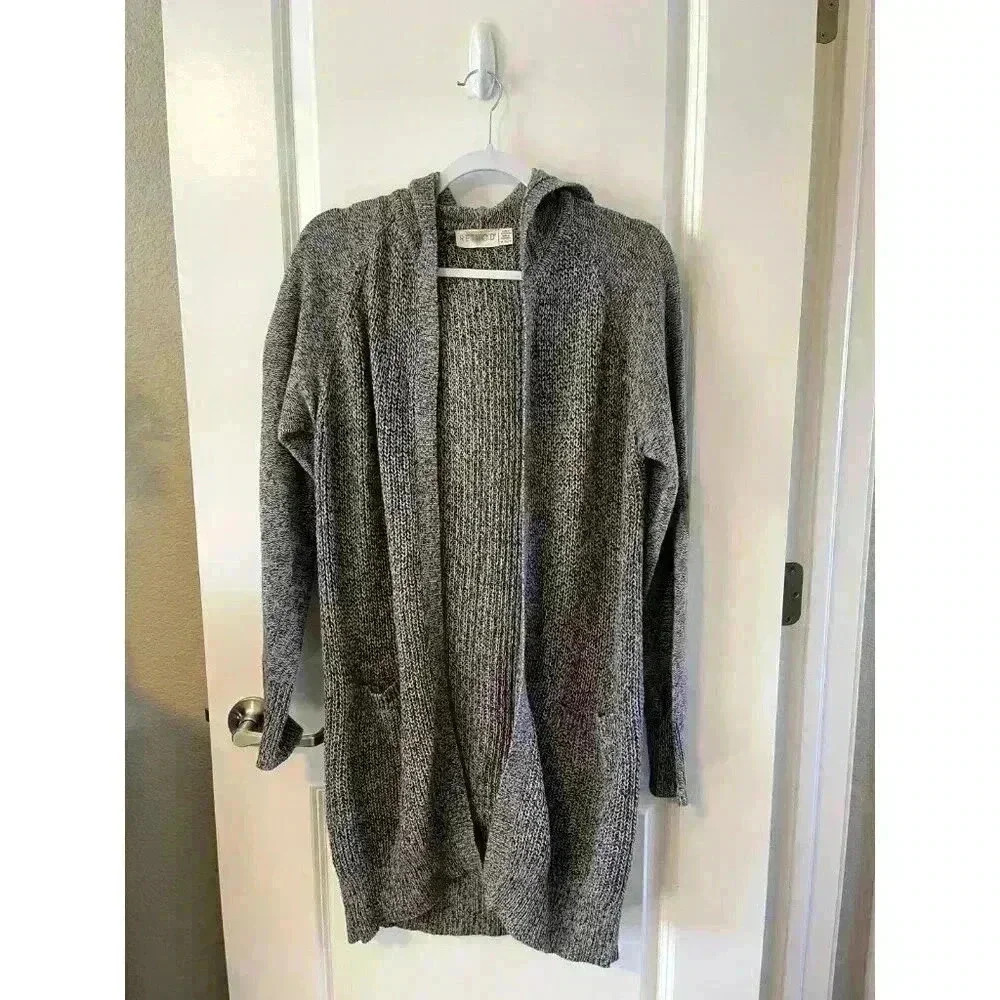 Retrod Cardigan Womens Faux suede elbow patches Open Front Grey Size M long hood